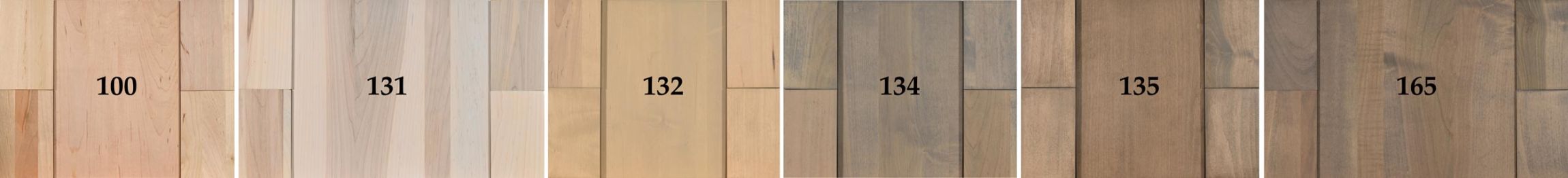 Image above shows normal variations in wood grain color in maple using various finishes